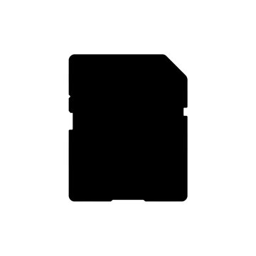 Black silhouette of a secure digital SD memory card, a common storage device for cameras and electronics, isolated on a white background.