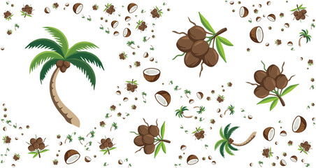 tropical coconut tree with green leaves and brown coconuts seamless pattern design © Fendik eps