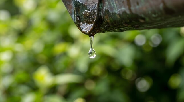 Close up macro shot of a clear water droplet dripping from an old copper roof gutter pipe with a blurred green garden background, capturing nature, purity, rain, and fresh spring environment concept.