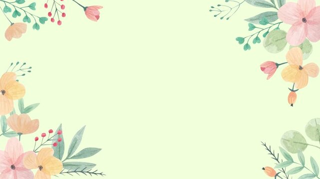 Beautiful Watercolor Floral Frame Animation on Light Green Background.