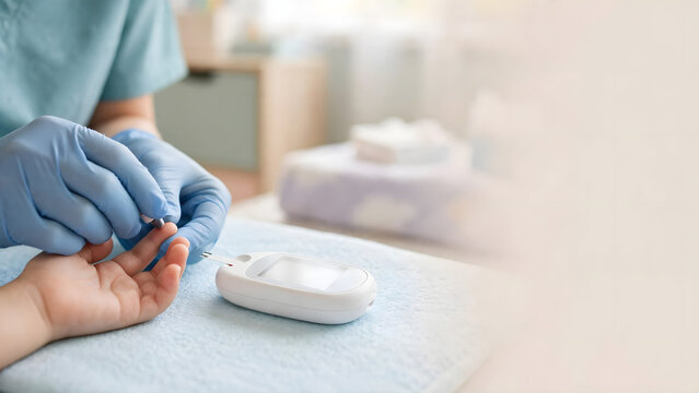 Healthcare professional performing fingertip glucose test on child patient in clinical care setting