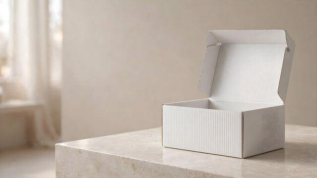 Open white corrugated product box on stone tabletop in warm minimalist studio with copy space