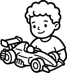 Obraz premium Happy boy playing with a toy race car, cartoon illustration, isolated on white background
