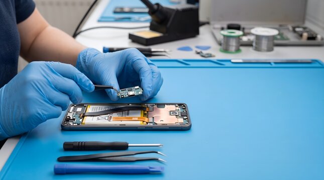 Technician installing a smartphone charging board at an electronics repair bench