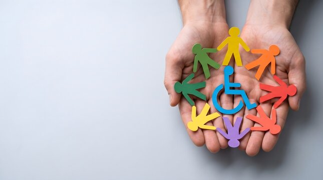 Colorful paper people surrounding an accessibility symbol in supportive hands with copy space