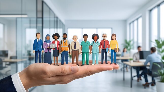 Diverse professional paper figures displayed on a hand in a modern workplace