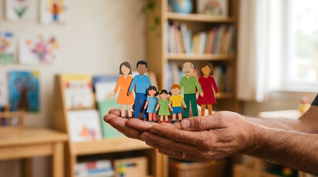 Multigenerational paper family supported by two hands in a child learning environment