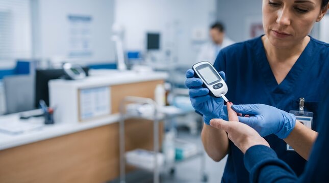Nurse conducting a finger prick blood glucose test in a clinical treatment room