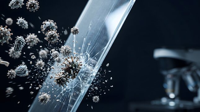 Microscopic pathogen particles colliding with a transparent protective barrier in a dark laboratory