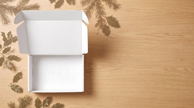 Open white mailer box viewed from above on a wooden table with seasonal botanical shadows and copy space