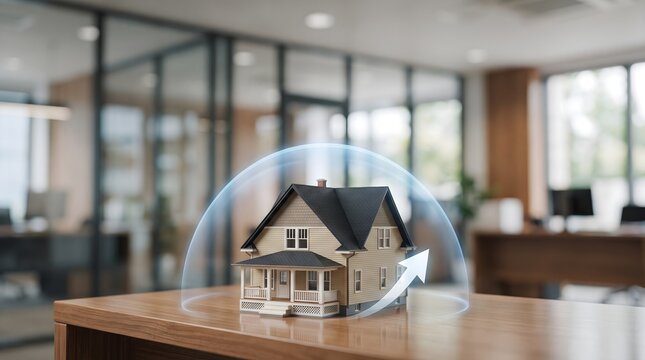 House model protected by a transparent dome with an upward arrow representing secure property investment