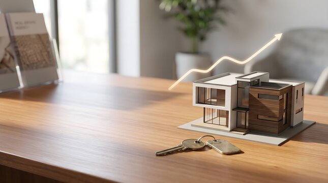 Modern home model beside metal keys and a rising financial arrow on a real estate office desk