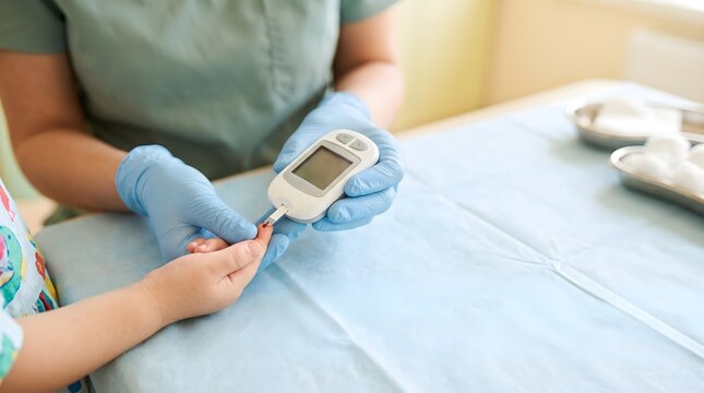 Healthcare worker performing a finger prick blood glucose test on a child patient in a pediatric clinic