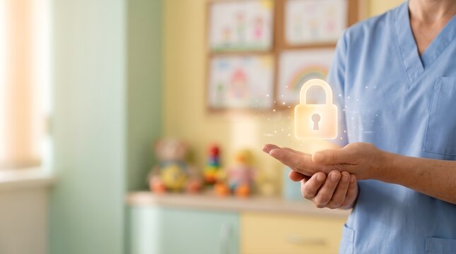 Healthcare worker presenting a glowing digital padlock in a pediatric care environment