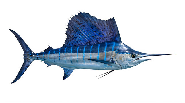 Blue marlin fish swimming in the ocean with sunlight shining through water