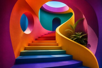 Obraz premium Colorful curved staircase ascending through arched interior space