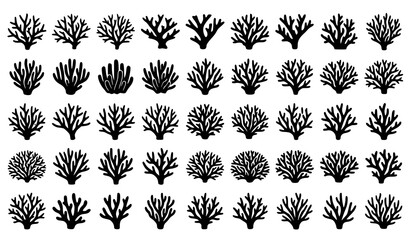 Black Coral Reef Silhouette Collection Featuring Ocean Marine Coral Branches and Underwater Nature Elements © Sukumary