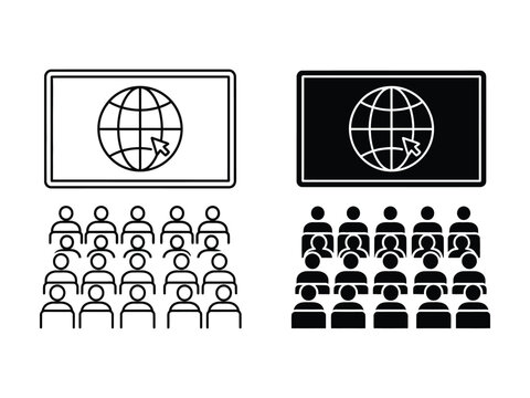 Online Webinar Audience with Global Internet Screen Outline and Filled Vector Icon Set