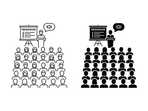 Business Presentation Speaker with Audience Outline and Filled Vector Icon Set