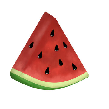 A slice of red watermelon with black seeds and green skin that is refreshing and juicy for textile, logo, icon, ornament, template, patchwork