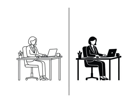 Office Employee Working at Desk Outline and Filled Vector Icon Set
