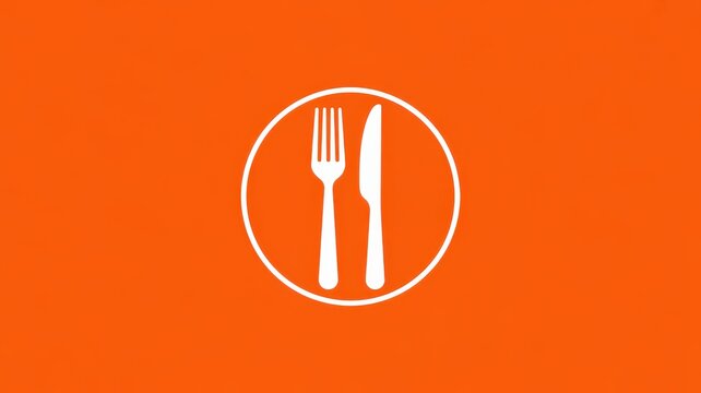 Minimal white fork and knife dining symbol inside circle on vibrant orange background icon design vector