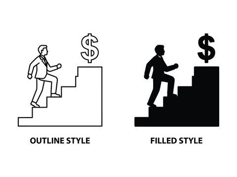 Business Career Growth Staircase with Dollar Symbol Outline and Filled Icon Set