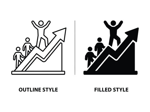 Business Success Growth Chart with Team Outline and Filled Icon Set