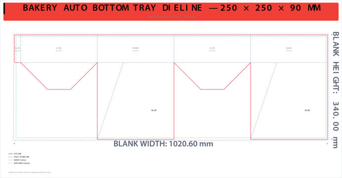 Bakery auto bottom tray dieline template with precise dimensions for packaging