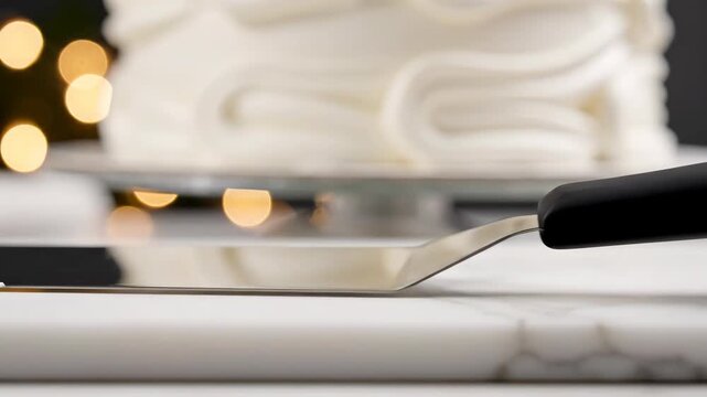 Blank Offset Spatula Handle Mockup in Kitchen Light with Blurred Frosting Background