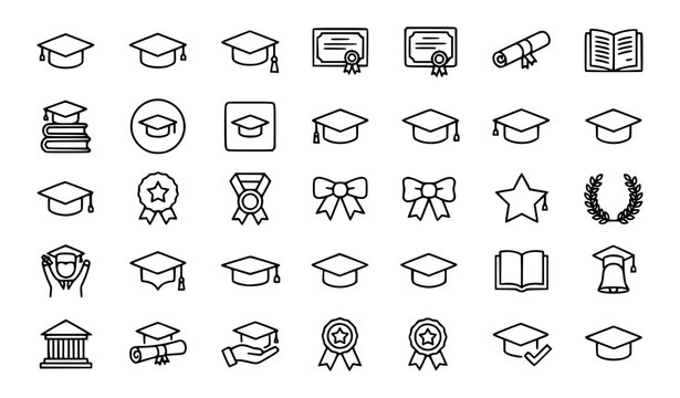 Premium graduation, education, academy and diploma line icons set