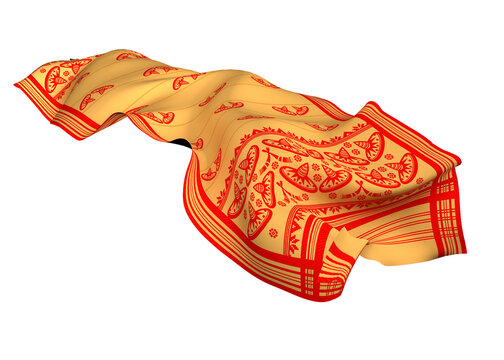 Gamosa or gamusa flying isolated on white or transparent png. It is generally a white rectangular piece of cloth from assam used in bihu. flying fabric png.