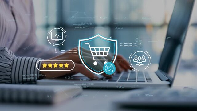 Businesswoman in modern office building consumer trust and loyalty with animated shopping cart shield icon, secure online transactions, customer protection and ecommerce growth