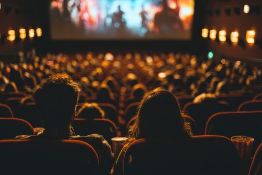 Couple Enjoying a Movie Together in a Cinema Surrounded by Audiences Experiencing the Thrills of a Blockbuster Movie Night in a Cozy Theater. Generative AI