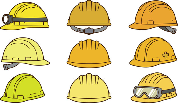 Yellow safety hard hat vector set featuring construction helmet designs with headlamp chin strap safety goggles and cross icon for industrial work safety, 21 words.