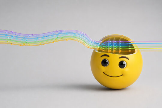 Colorful data streams pass through an open yellow head. Space for text.