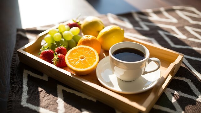 Fresh morning breakfast tray with coffee, strawberries, grapes, oranges, and lemons in sunlight