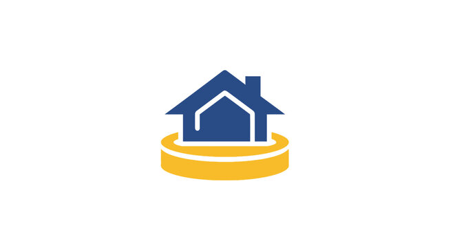 A simple blue house icon placed on a yellow circular base design