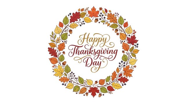 A festive autumn wreath made of colorful fall leaves and seasonal harvest elements surrounding the elegant text happy thanksgiving day on a white background isolated