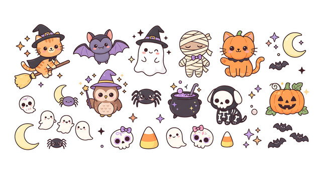 Colorful cartoon animals and objects flat icons set Halloween, Happy Halloween, Halloween 2026, Spooky Season, Halloween Art, Halloween Design, Halloween Graphics