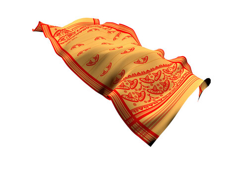 Gamosa or gamusa flying isolated on white or transparent png. It is generally a white rectangular piece of cloth from assam used in bihu. flying fabric png.