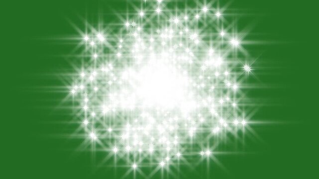 Glittering light star trail burst overlay green background, 2D flat sparkle effect overlay, starlight dust line, white cartoon blinking stars with luminous glow trails and smooth animation, 4k