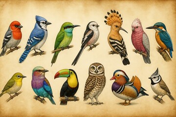 Fototapeta premium Vintage illustrated collection of diverse bird species on parchment