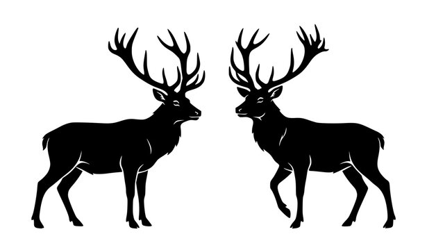Two deer stags silhouettes facing each other vector illustration isolated on white background for wildlife logo and nature design