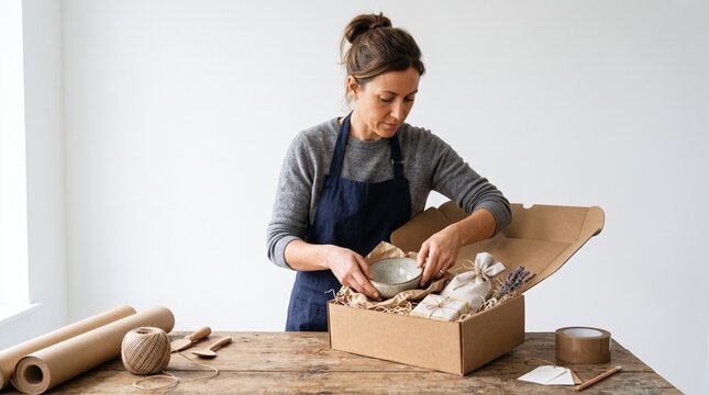 Woman carefully packing handmade ceramic bowl and soap in a gift box with lavender and twine