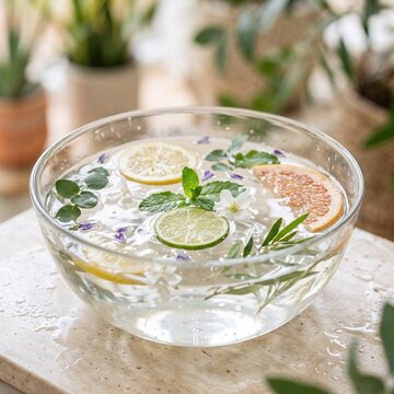 Clear glass bowl with citrus slices mint leaves and edible flowers floating in water on stone surface