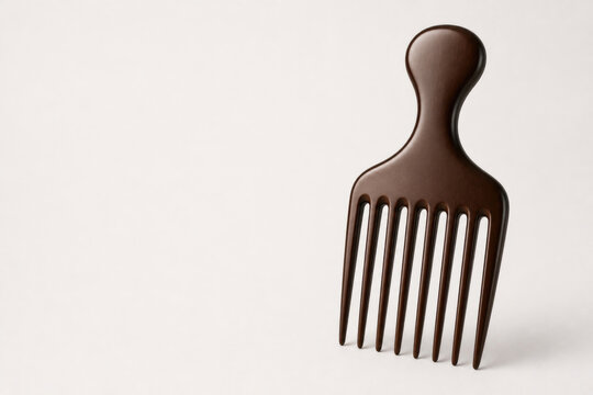 Large dark wooden hair pick stands on a light background. Space for text.