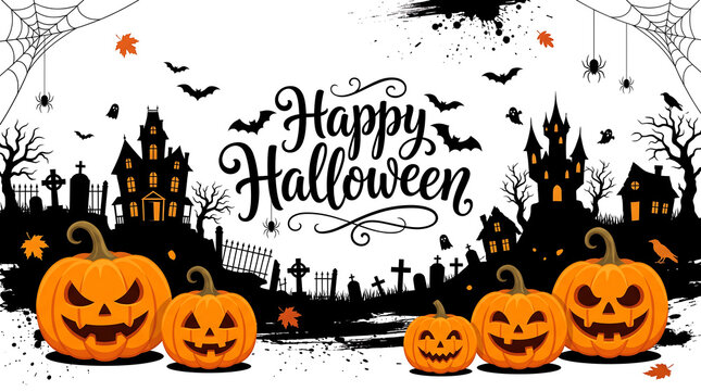 Halloween-themed illustration with jack o lanterns and flying bats Halloween, Happy Halloween, Halloween 2026, Spooky Season, Halloween Art, Halloween Design, Halloween Graphics