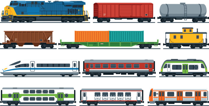 Freight cargo train set with locomotive container tank hopper wagons modern high speed passenger rail cars vector flat ico