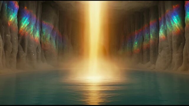Magical cave waterfall with rainbow reflections serene water pool